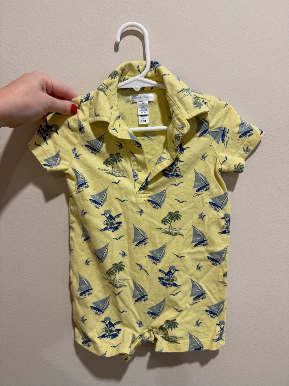 Polo Ralph Lauren Baby Boy 9M Polo Bear Sailboat Tropical Romper Yellow